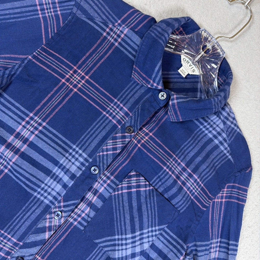 ORVIS Women Small Blue Pink Plaid Stretch Cotton Blend Button Up Woven